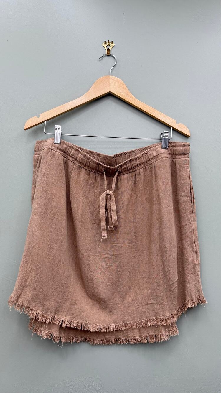 Umgee Linen Blend Fringe Hem Mini Skirt Taupe Drawstring 1XL Boho